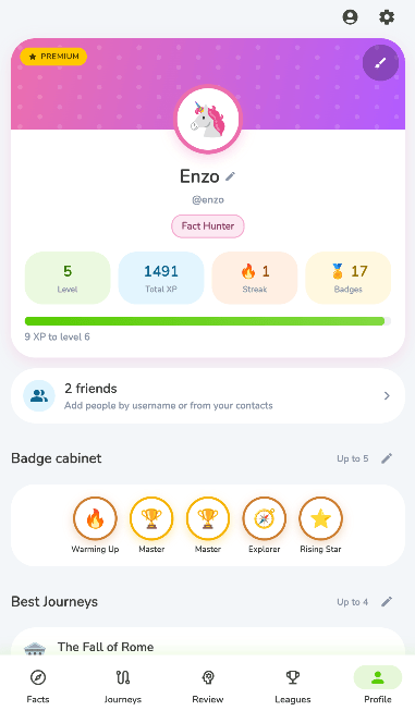A profile page with level, XP, streak, badge cabinet and best journeys
